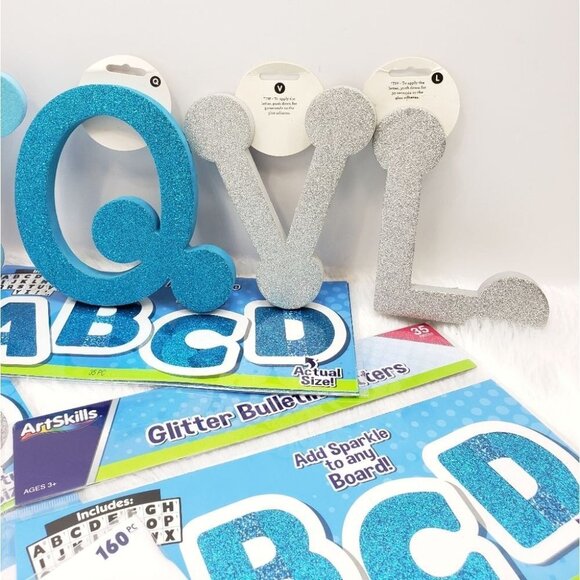 Glitter Bulletin Letters Numbers Bulk Lot Craft Foam Sparkle Blue Silver Gold - Picture 3 of 7